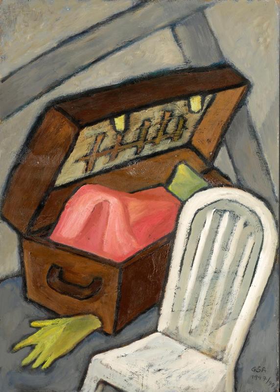 Koffer mit weißem Stuhl, 1997, 89,8 x 64 cm.