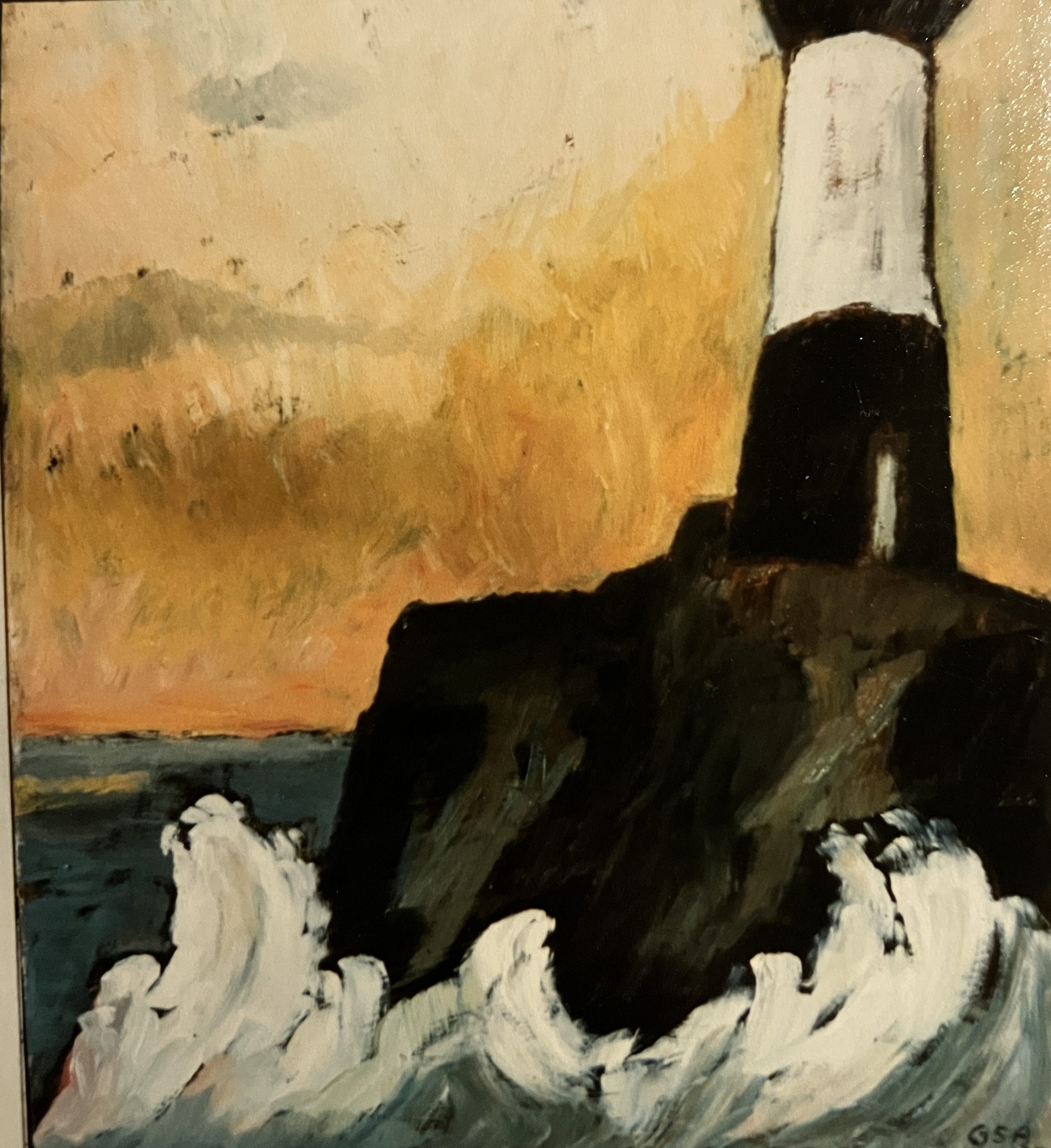 Leuchttum auf Felsen, 1997, Öl auf Hartfaserplatte, 70,8 x 60,6 cm.