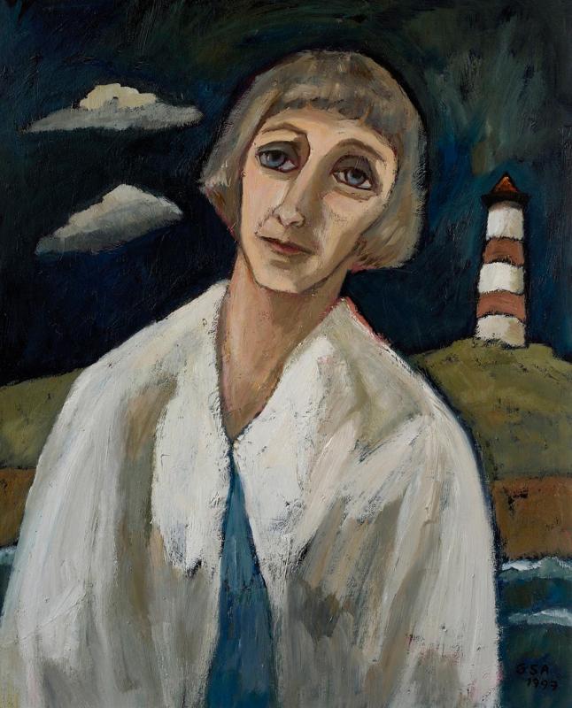 Mit Leuchtturm, 1997, Öl auf Hartfaserplatte, 81 x 64 cm.