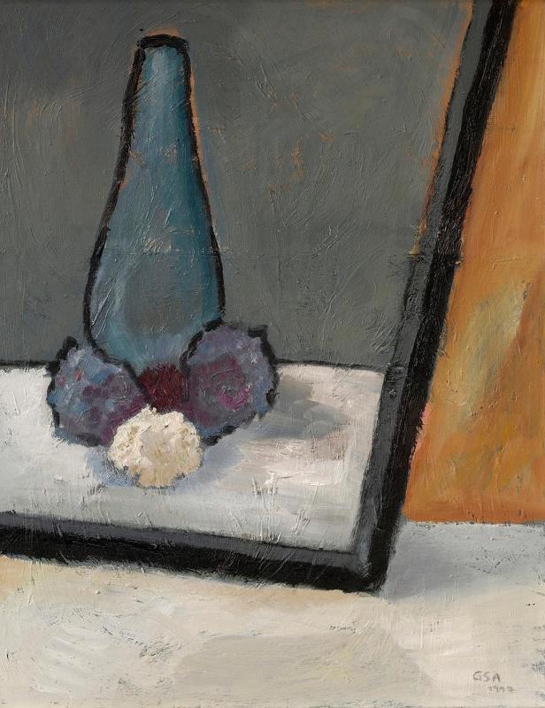 Mit getrockneten Blumen, 1997, Öl auf Hartfaserplatte, 67 x 52 cm.