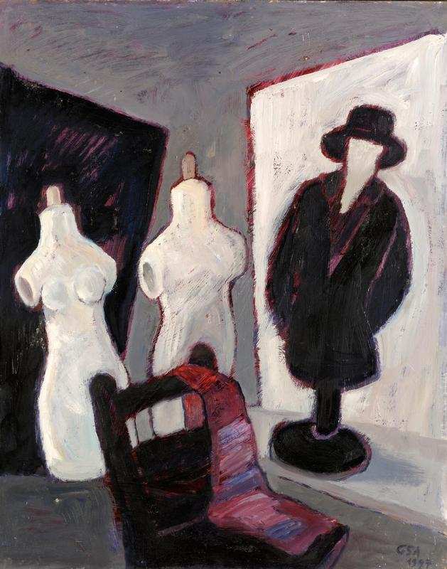 Puppen - schwarz und weiß, 1997, Öl auf Hartfaserplatte, 80,8 x 64,3 cm.