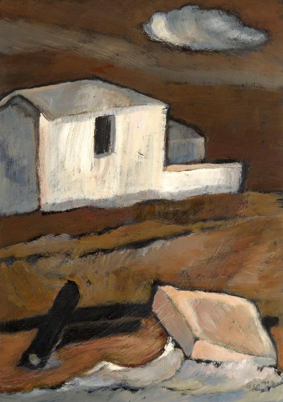 Schuppen am Strand, 1997, Öl auf Hartfaserplatte, 78 x 54,2 cm.