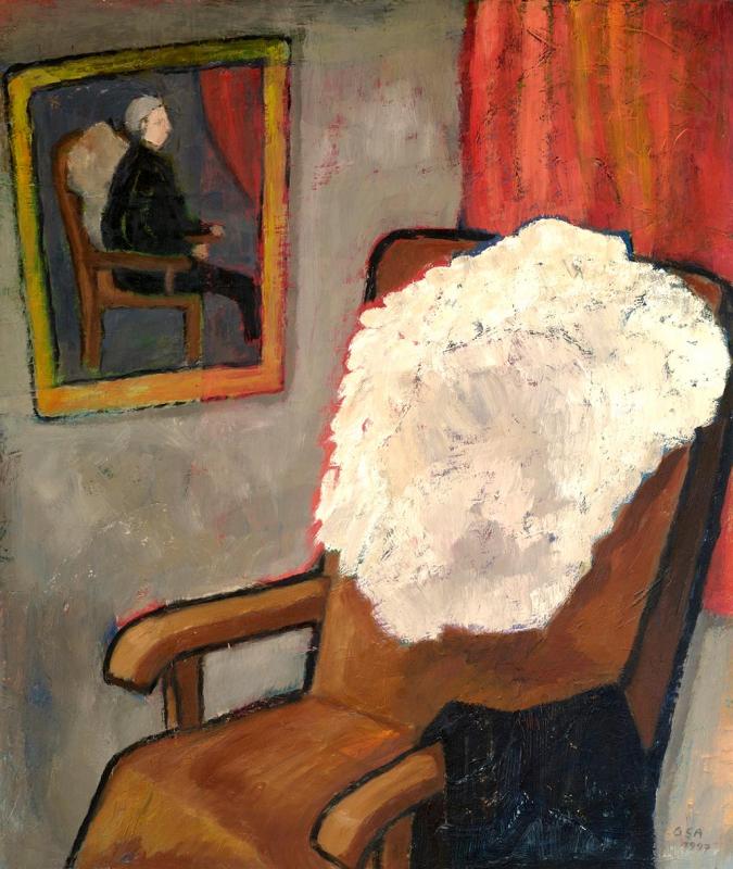 Sein Lehnstuhl, 1997, Öl auf Hartfaserplatte, 88,7 x 74,2 cm.