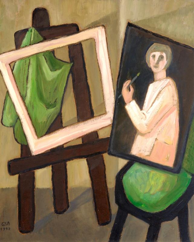 Staffelei, 1997, Öl auf Hartfaserplatte, 89,5 x 74,5 cm.