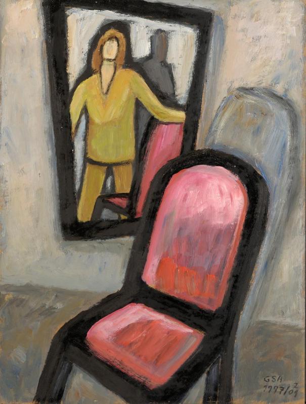 Stuhl mit Spiegelbild, 1997/2009, Öl auf Hartfaserplatte, 80 x 60 cm.