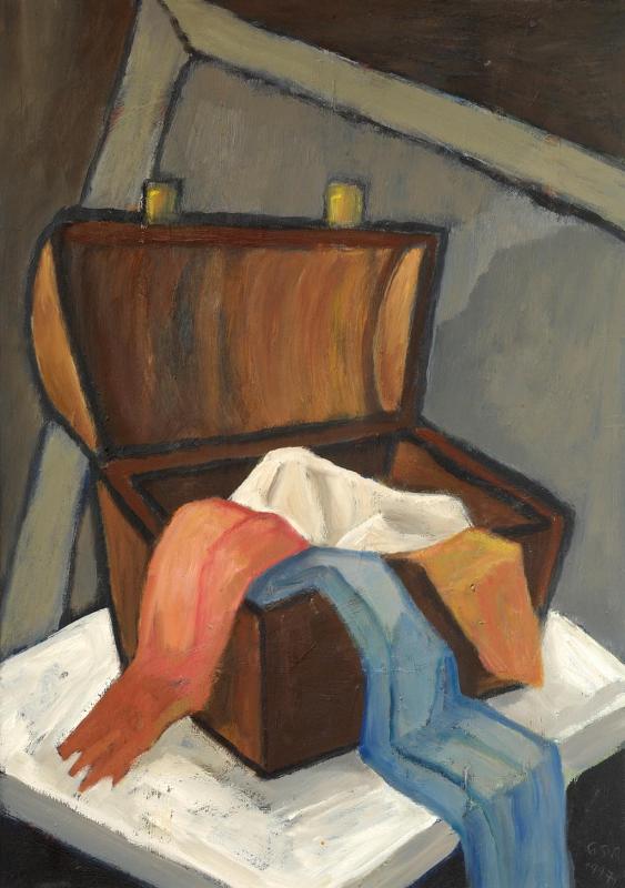 Truhe im Dach, 1997, Öl auf Hartfaserplatte, 89,7 x 64,6 cm.