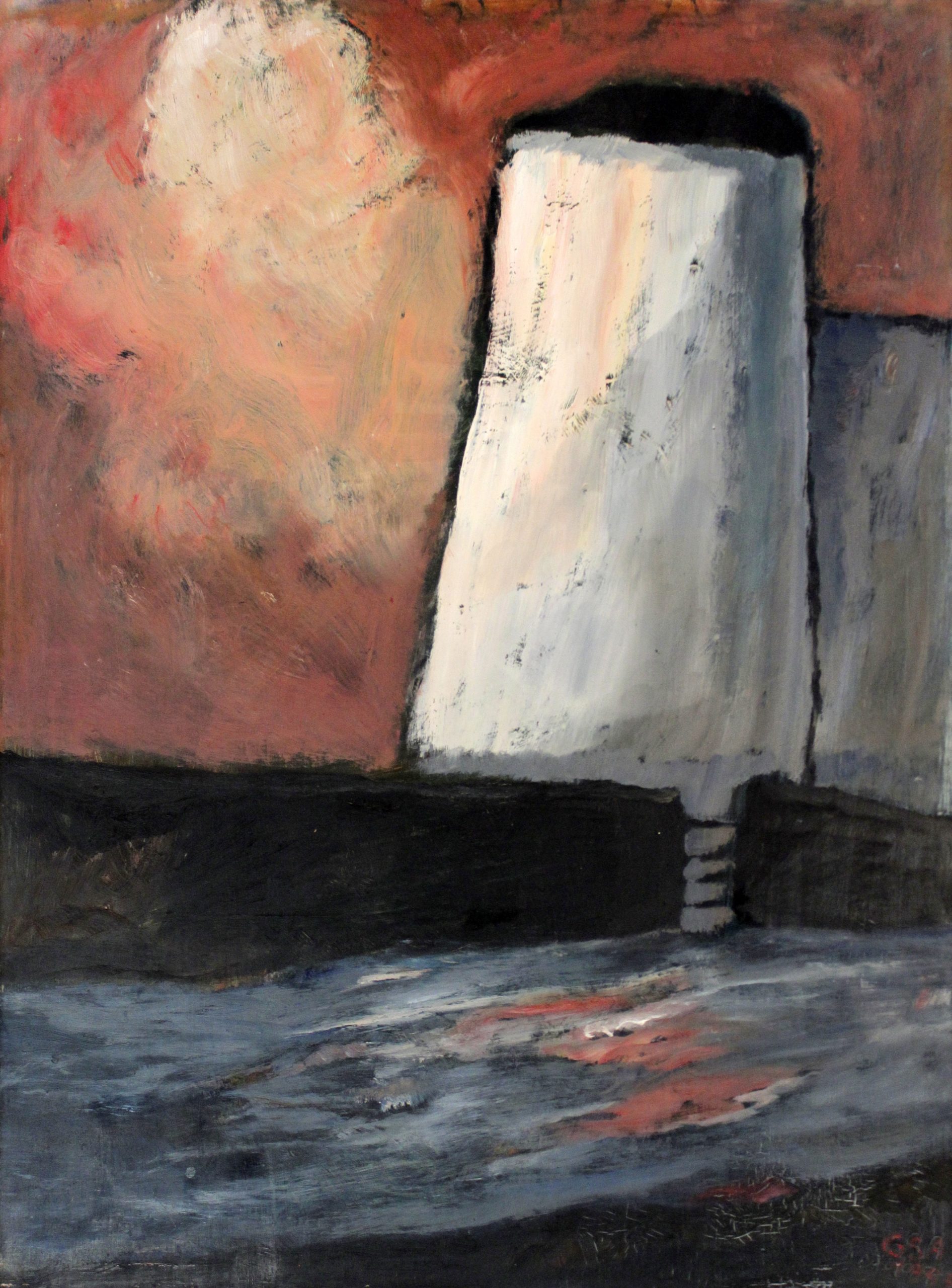 Turm am Fluss, 1997, Öl auf Hartfaserplatte, 79 x 59 cm.