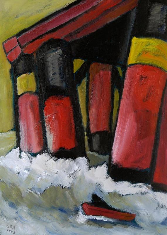 Bohrinsel, 1998, Öl auf Hartfaserplatte, 80 x 60 cm.