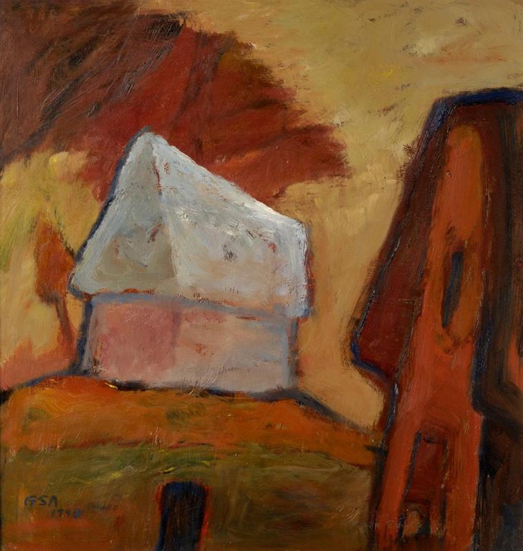 Geträumte Häuser, 1998, Öl auf Hartfaserplatte, 68,2 x 64 cm.