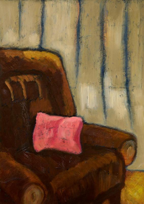 Sessel mit rotem Kissen, 1998, Öl auf Hartfaserplatte, 77 x 54,5 cm.