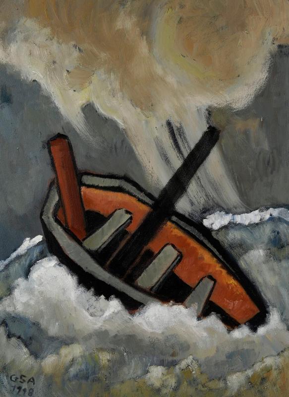 Sinkendes Boot, 1998, Öl auf Hartfaserplatte, 80 x 60 cm.