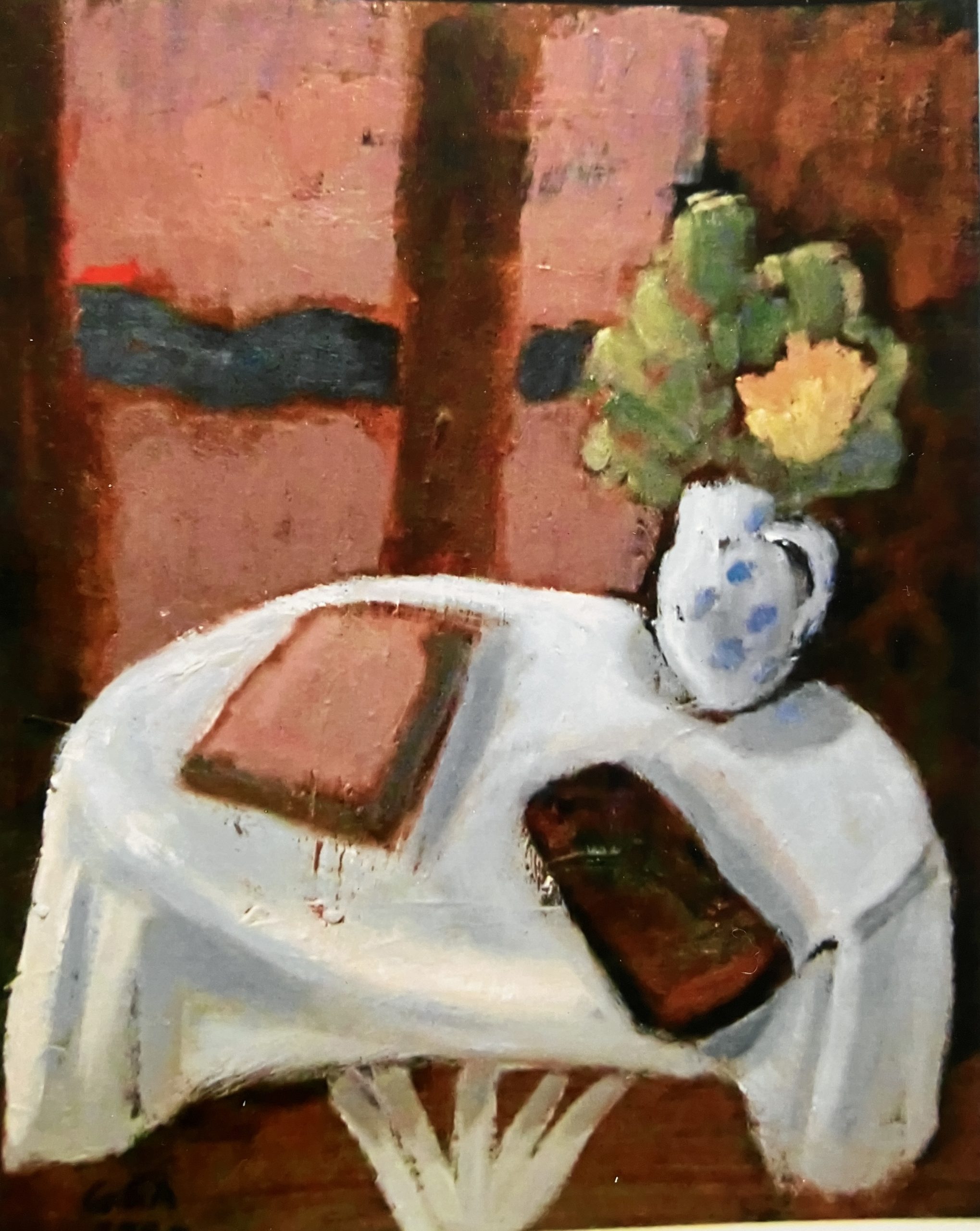 Tantes Tischchen (1. F.), 1998, Öl auf Hartfaserplatte, 49 x 45 cm.