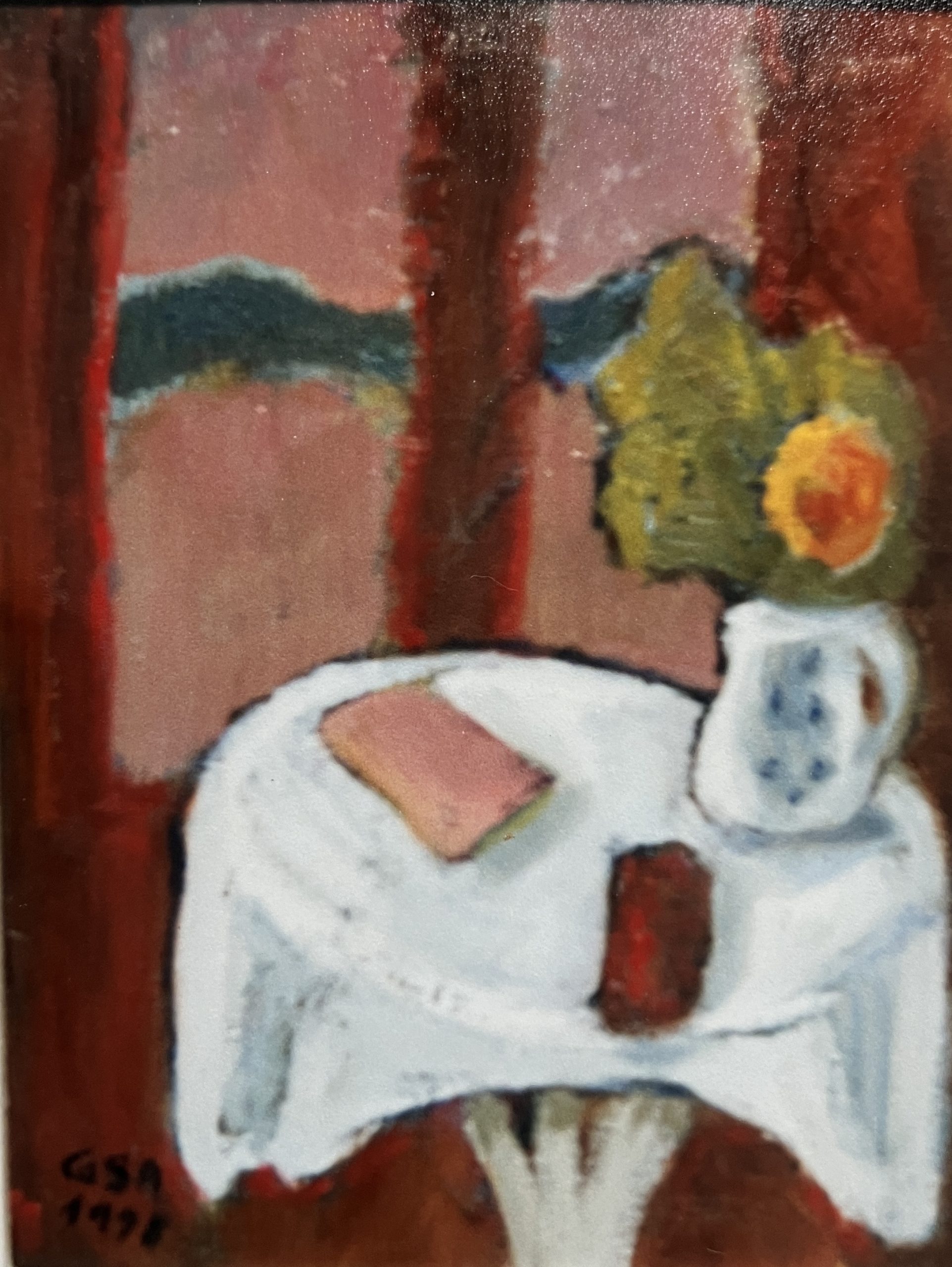 Tantes Tischchen (2. F.), 1998, Öl auf Hartfaserplatte, 40 x 30 cm.