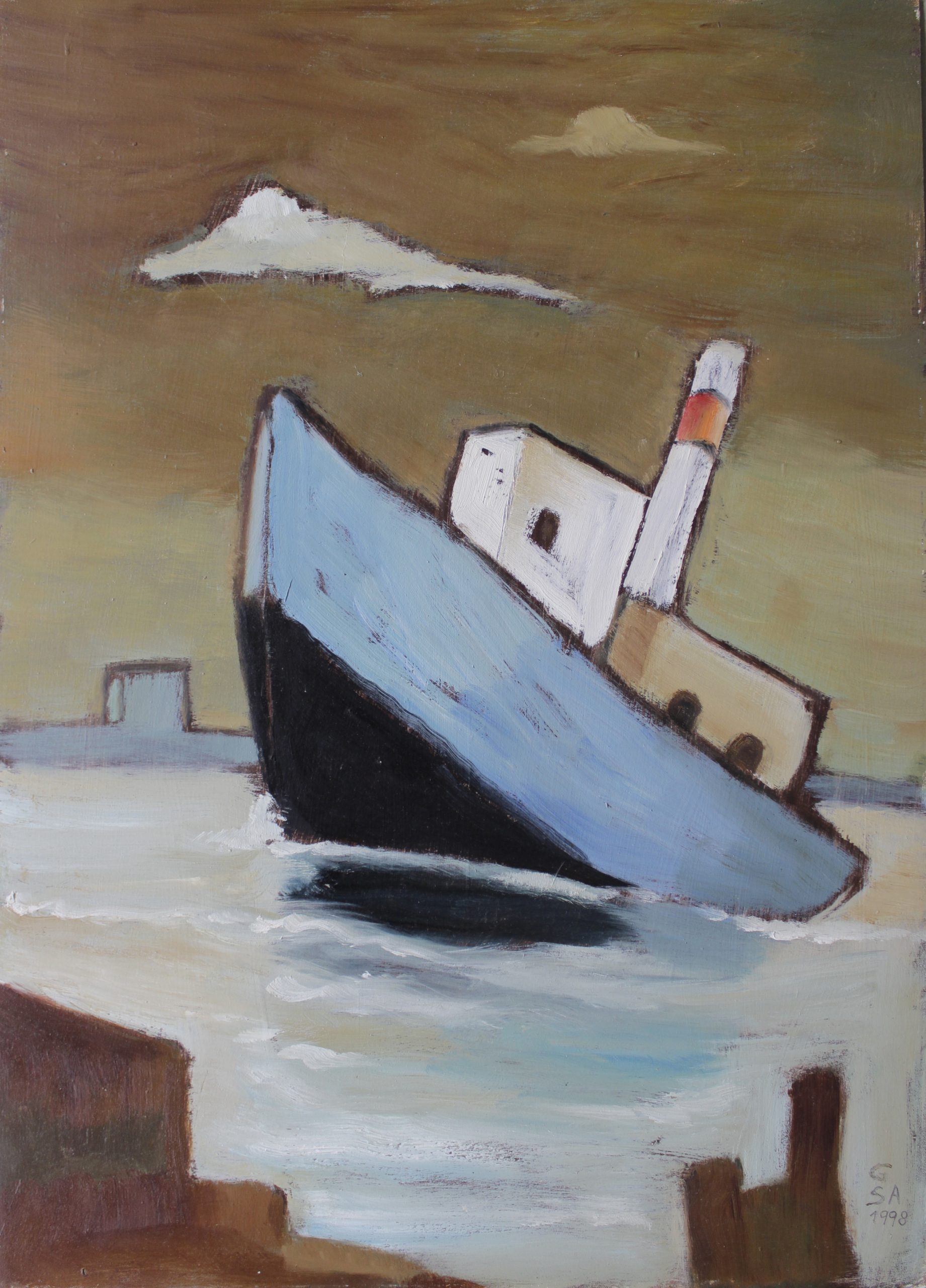 Verlassenes Schiff, 1998, Öl auf Hartfaserplatte, 70 x 50 cm.