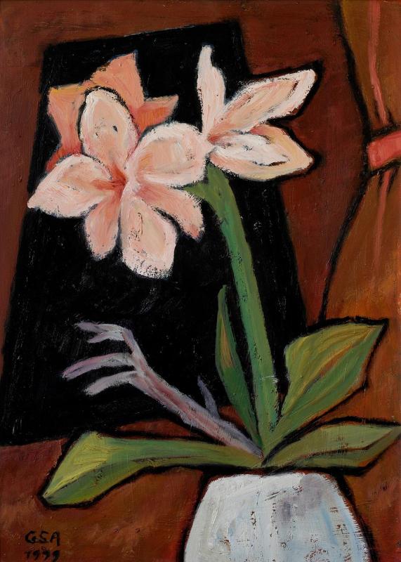 Amaryllis rosa, 1999, Öl auf Hartfaserplatte, 69,8 x 50 cm.