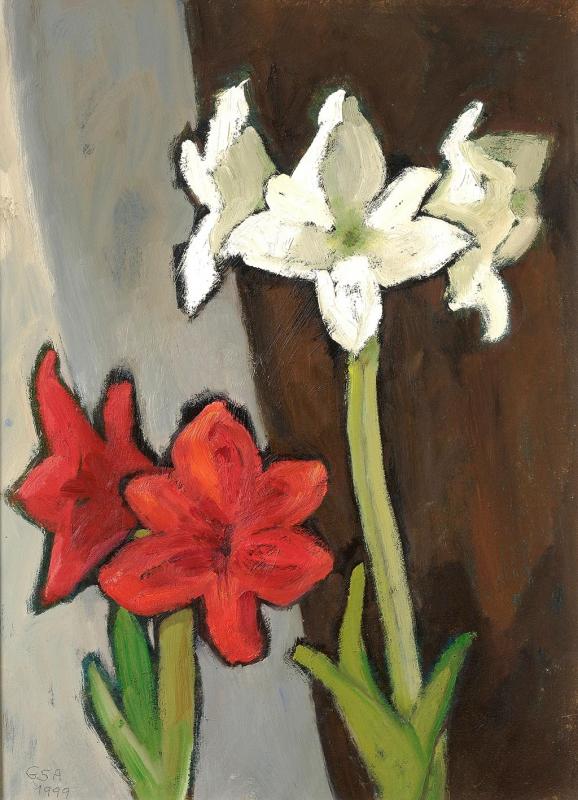 Amaryllis weiss, 1999, Öl auf Hartfaserplatte, 70 x 50 cm.