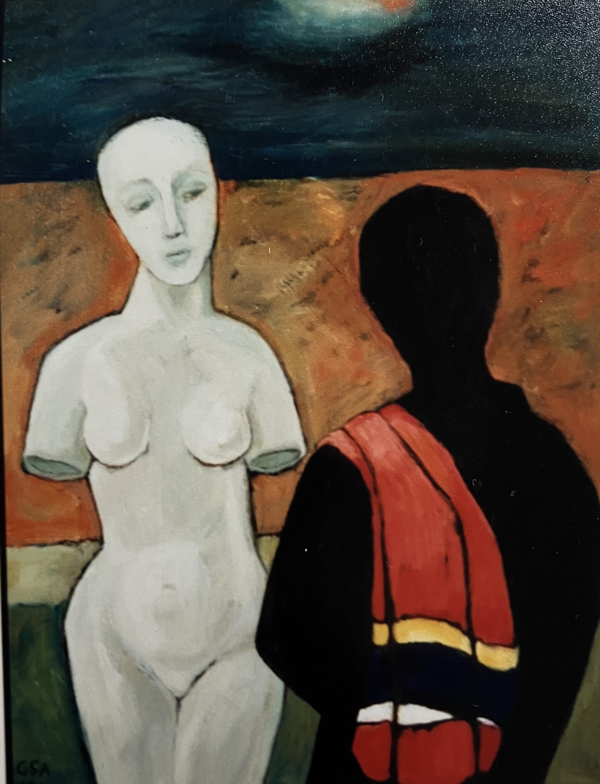 Begegnung, 1999, Öl auf Hartfaserplatte, 80 x 60 cm.