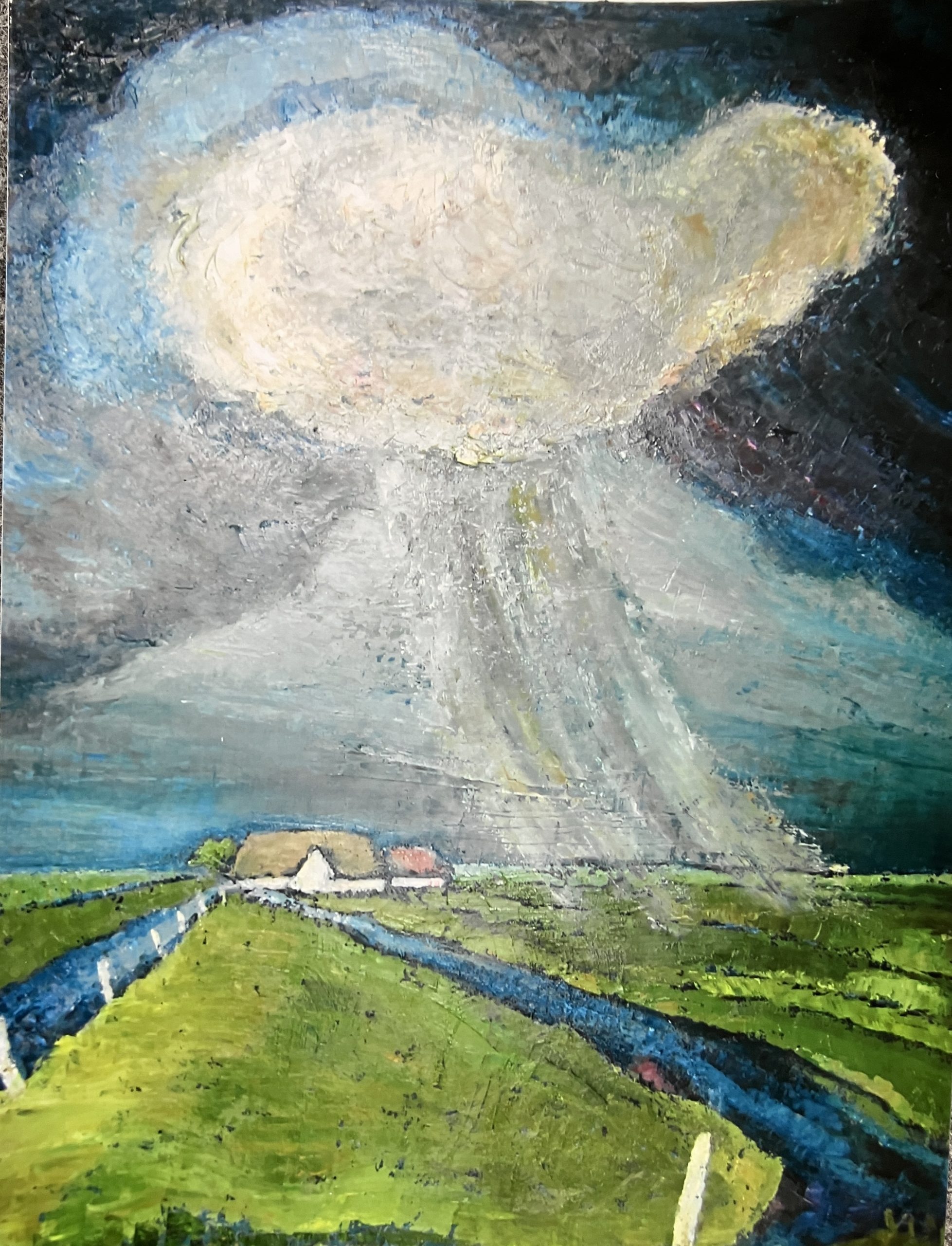 Gewitter über der Marsch, 1999, Öl auf Hartfaserplatte, 70 x 74 cm.