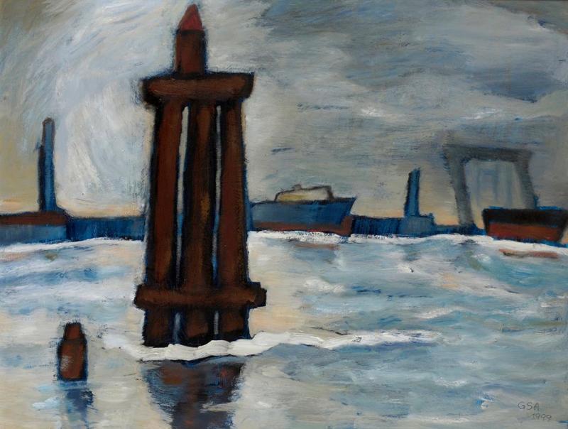Hamburger Hafen (2. F.), 1999, Öl auf Hartfaserplatte, 60 x 80 cm.