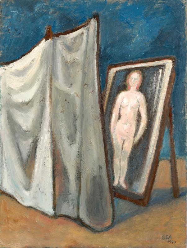 Hinter dem Vorhang (2. F.), 1999, Öl auf Hartfaserplatte, 80 x 60 cm.