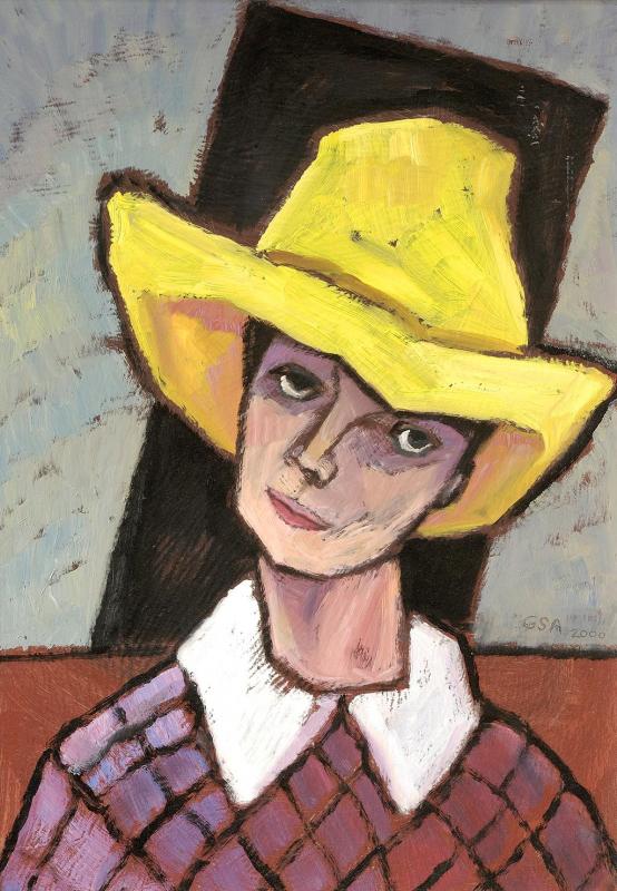 Junge mit gelbem Hut, 1999, Öl auf Hartfaserplatte, 70 x 50 cm.