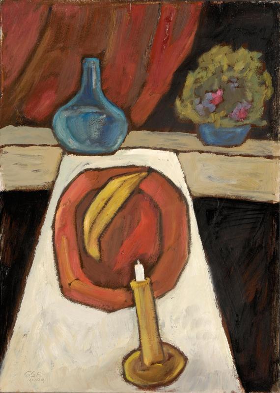 Mit Banane (2. F.), 1999, Öl auf Hartfaserplatte, 69,8 x 49,8 cm.