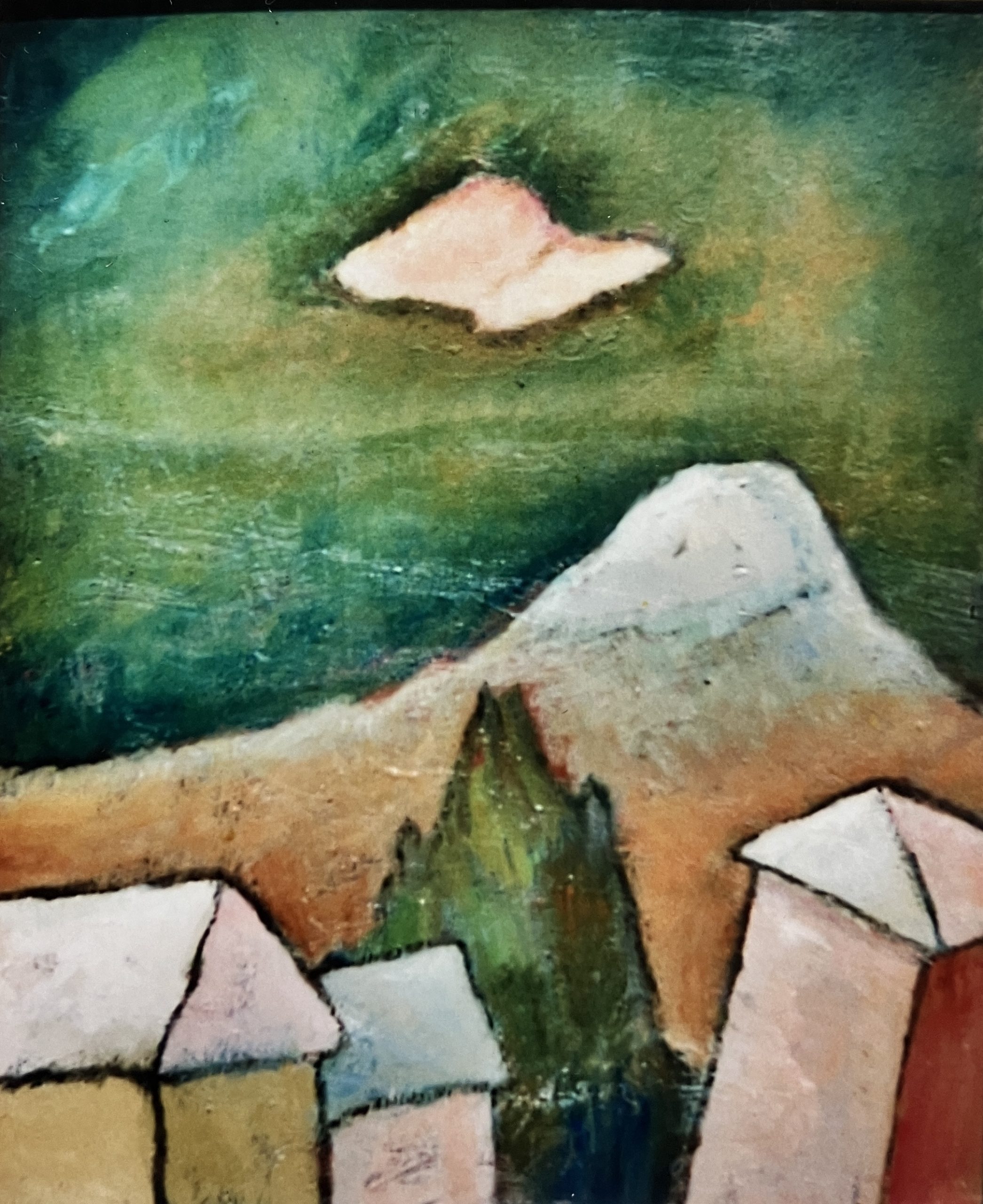 Rosa Wolke über RT (2. F.), 1999, Öl auf Hartfaserplatte, 57 x 47 cm.