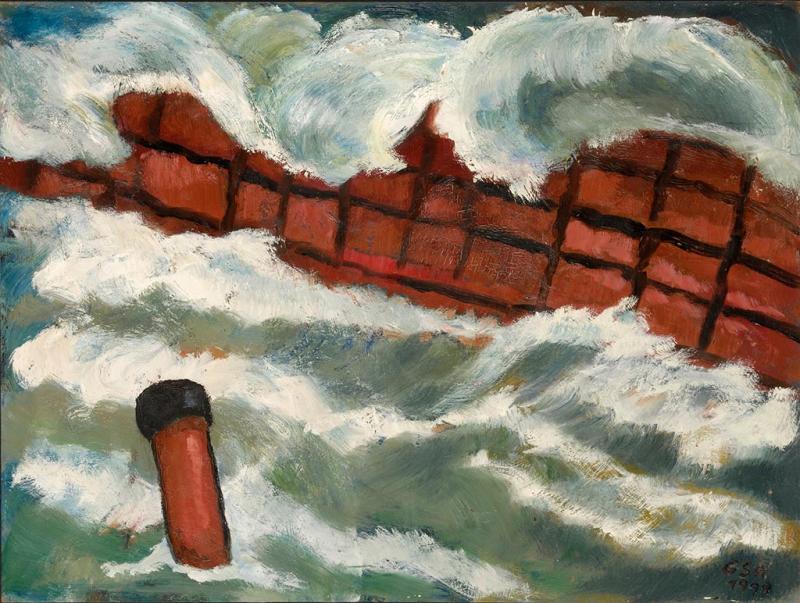 Sturmflut an der Kaimauer, 1999, Öl auf Hartfaserplatte, 59,7 x 79,7 cm.